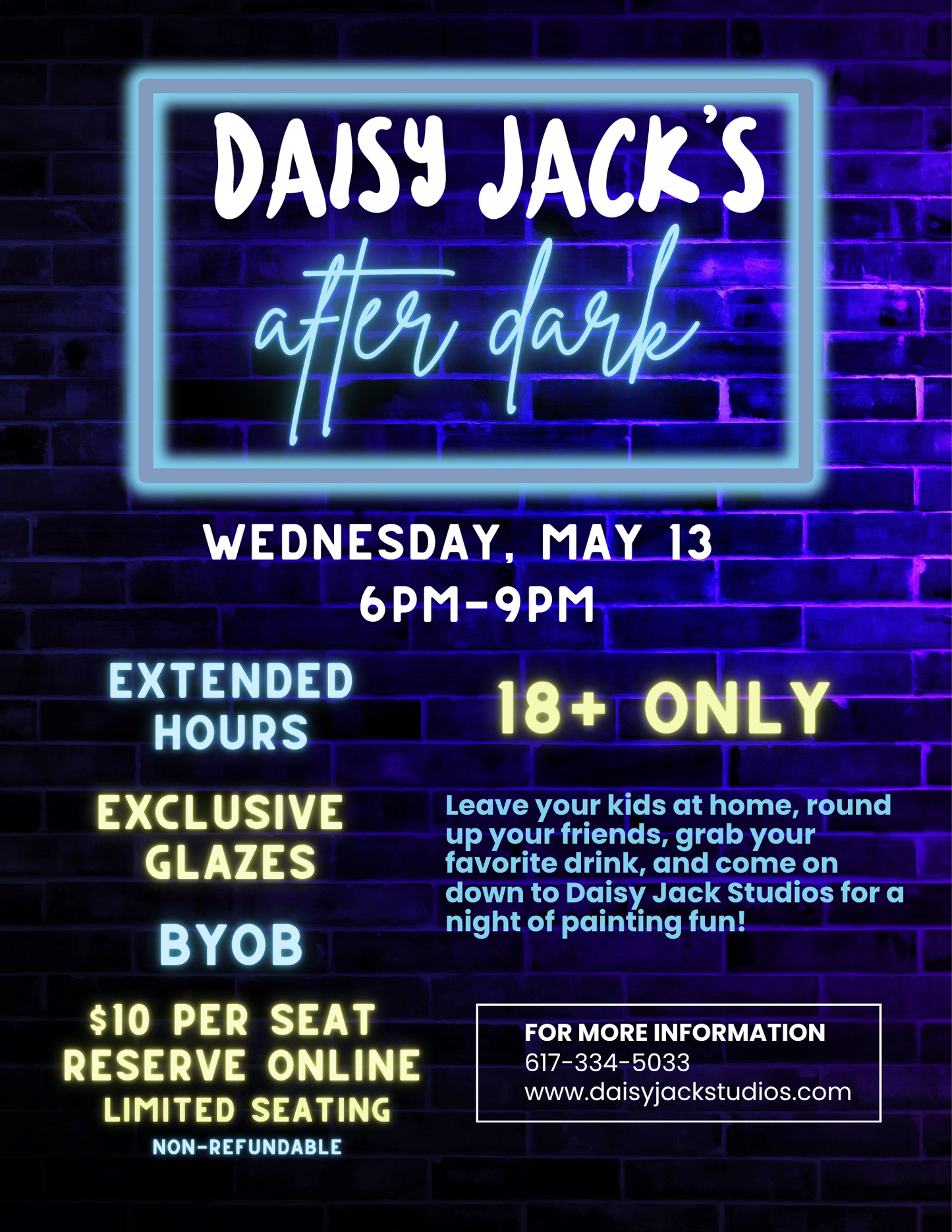Daisy Jack’s After Dark | May 13 | 6-9pm | Limited Seating Available | Non-Refundable